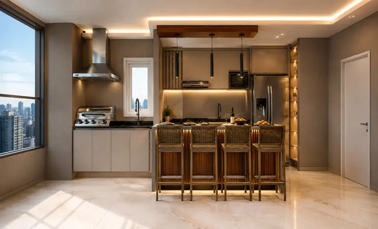 Cozinha planejada com vista para a cidade e bancada para refeições rápidas